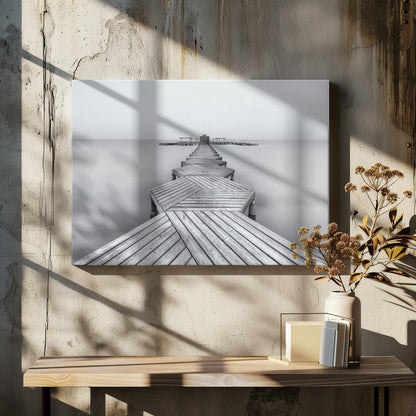 A framed, black and white photograph capturing a long wooden pier from a first-person perspective. The pier, constructed from a series of hexagonal platforms, stretches out into a calm, placid body of water that disappears into a foggy horizon, creating a serene and minimalist scene. Print