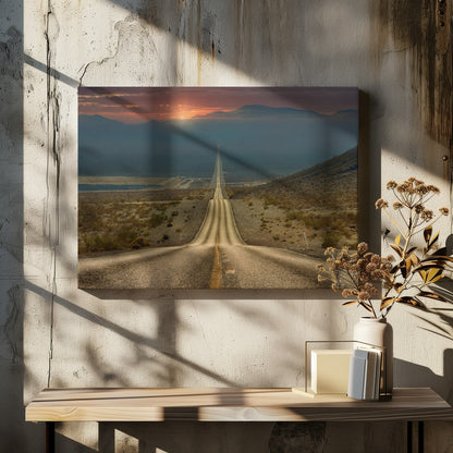 A high-angle view of a long, straight, and hilly road disappearing into the horizon of a vast desert valley at sunset, with mountains in the background under a warm, glowing sky, all enclosed in a silver frame. Poster