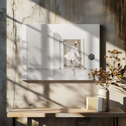 A ballerina dressed in a white quilted coat and a pointed hat dances en pointe in a minimalist white hall with large columns. She gracefully extends her arms, looking towards a black and white striped ball that appears to be floating in mid-air. The scene is presented within a silver picture frame. Wall Art