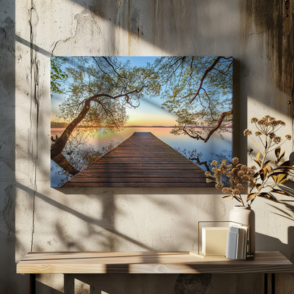 A tranquil sunrise over a still lake, viewed from a long wooden pier that stretches into the water, with silhouetted tree branches framing the serene scene. Poster