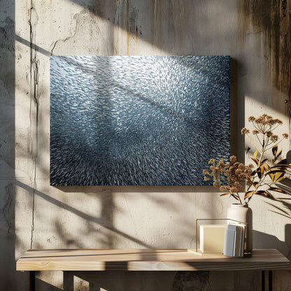 A massive, swirling school of countless small, silvery fish underwater, creating a dense, textured pattern. The light source from above illuminates the upper part of the school against a bright background, which darkens to a deep blue in the lower part of the image. The entire artwork is presented within a silver frame. Decor