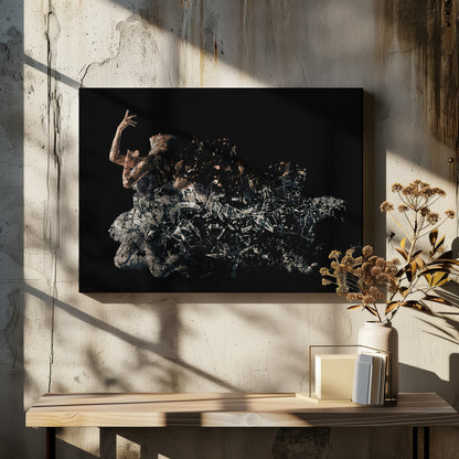 A conceptual piece of artwork depicting a woman in a dynamic pose against a solid black background. Her form appears to be shattering and dissolving into a swirling cloud of broken glass shards, creating a powerful and dramatic effect. The piece is presented within a simple silver frame. Print