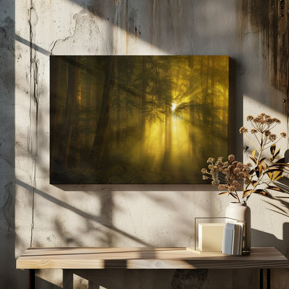 A landscape photograph of a dense, misty forest where golden sunbeams dramatically stream through the tall trees, illuminating the fog and creating a magical, ethereal atmosphere. The image is enclosed in a silver frame. Poster