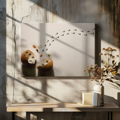 A conceptual art piece showing a broken brown eggshell against a beige background. Inside the shell are black tally marks, as if counting days. A trail of tiny black chicken footprints leads away from the egg, suggesting a chick has finally hatched and escaped after a long wait. Artwork