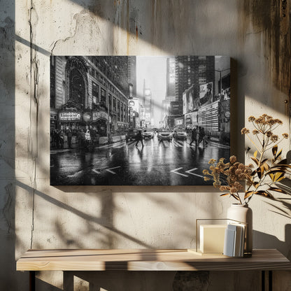A moody black and white photograph of a snowy day in New York City's Times Square. The wet streets reflect the bright lights of the surrounding buildings and billboards as pedestrians cross the street and cars wait in traffic. Artwork