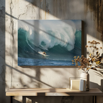 A lone surfer in a yellow shirt rides down the face of an enormous, powerful ocean wave as it crests into white foam, viewed within a silver picture frame. Wall Art