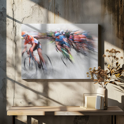 An action photograph of a professional cycling race captured with a prominent motion blur effect that conveys a strong sense of speed. A cyclist in an orange and black uniform is in the foreground, leaning into a turn, while a group of other riders in blue and multi-colored jerseys follows closely behind, their forms streaked and blurred. The entire scene is encased in a brushed silver frame. Poster