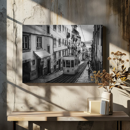A black and white photograph of a vintage tram on a steep, narrow cobblestone street in an old European city. The street is lined with historic buildings and people are walking alongside the tracks. In the distance, a body of water is visible. Poster