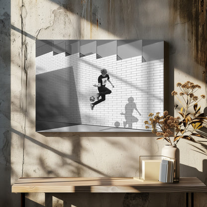 A framed, black and white photograph of a young person in mid-air, skillfully juggling a soccer ball with their foot against a clean, white brick wall. The person's shadow is cast sharply on the wall, mirroring the action, under a modern building with angled windows. Wall Art