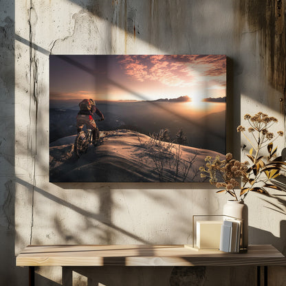 A mountain biker seen from behind pauses on a snowy mountain summit, overlooking a vast, misty mountain range as the sun sets, casting a warm orange and pink glow across the sky and snow. Artwork