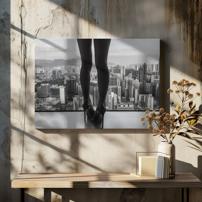A framed black and white photograph showing the back of a woman's legs and high heels as she stands before a large window, looking out over a vast, dense cityscape with distant mountains under a cloudy sky. Artwork