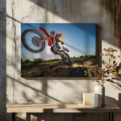 A dynamic, low-angle shot of a motocross rider in mid-air, jumping over a dirt mound. The rider is on a red, white, and blue dirt bike, wearing colorful racing gear and a helmet. The bike's front wheel is high in the air against a clear blue sky, while the back wheel is just clearing the jump, kicking up a cloud of dust. The background features a green, rural landscape. Wall Art