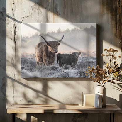A framed photograph of a shaggy brown Highland cow and its small black calf standing together in a frosty field during a misty morning. Poster