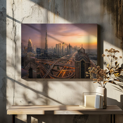An elevated photograph of the Dubai skyline at sunset, featuring the towering Burj Khalifa against a hazy orange and purple sky. In the foreground, a complex network of illuminated highways and overpasses weaves between modern skyscrapers. Wall Art