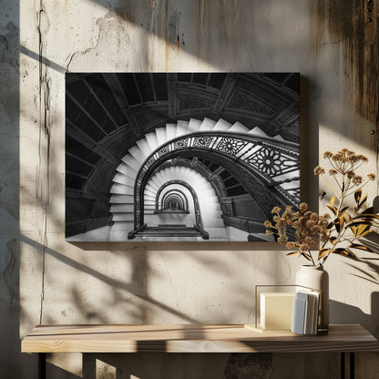 A mesmerizing black and white photograph shot from a high angle looking down into the center of a spiral staircase. The bright white marble steps contrast with the dark, ornate metal railing, creating a repeating arched pattern that draws the eye downward into a seemingly endless tunnel. The image is presented within a silver-colored frame. Artwork