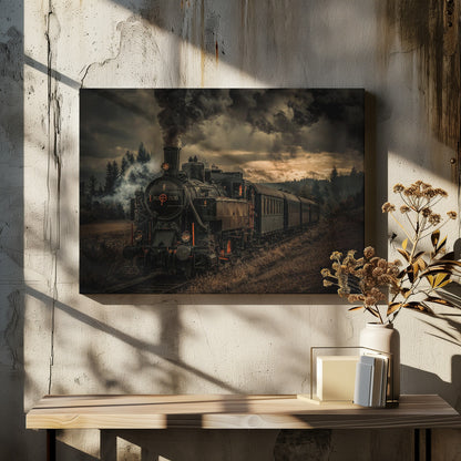 A powerful black steam locomotive on a railway track, billowing thick dark smoke into a dramatic, cloudy sky. The train travels through a rustic, grassy landscape, and the image has a warm, vintage color tone, all within a silver frame. Wall Art