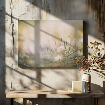 A soft-focus, dreamy photograph of two small white daisies with yellow centers nestled among blades of green grass. The background is a blurry wash of warm beige and golden light, creating a serene and gentle atmosphere. The artwork is enclosed in a silver frame. Decor