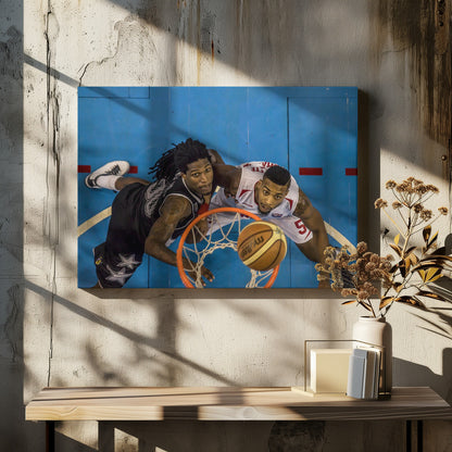 An overhead, bird's-eye view photograph of two basketball players looking up from below the hoop as a basketball goes through the net. The court is bright blue, and the image is enclosed in a silver frame. Poster