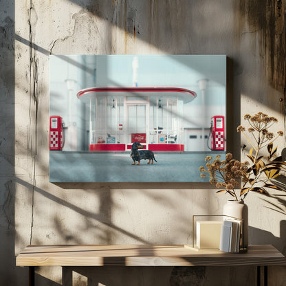 A small black and tan dachshund standing proudly on the pavement in front of a retro-style glass-walled gas station with bright red trim and two vintage red and white checkered gas pumps. Wall Art