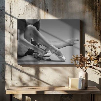 A black and white close-up photograph of a ballet dancer sitting on the floor, carefully tying the ribbons of a satin pointe shoe on her right foot. The image has a simple silver frame and captures a quiet moment of preparation. Poster