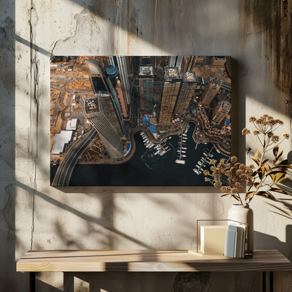 An aerial, high-angle photograph looking down on a modern city skyline, featuring towering skyscrapers, including a distinctive twisted tower, clustered around a dark-water marina filled with white yachts. A multi-lane highway snakes through the urban landscape, which has a warm, desaturated color palette and is enclosed in a silver frame. Decor