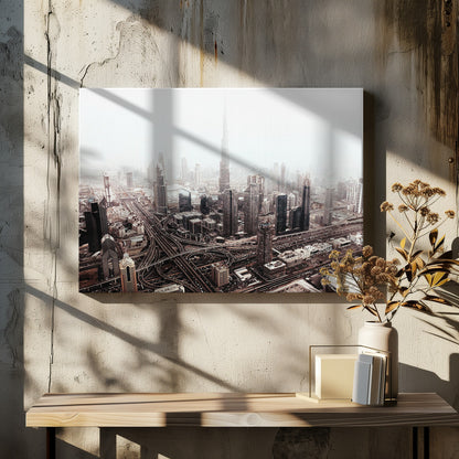 An aerial photograph of a sprawling modern cityscape on a hazy day, framed in silver. The iconic Burj Khalifa stands tall in the center background, surrounded by numerous other skyscrapers and a complex network of highways and interchanges in the foreground, all rendered in a muted, slightly sepia-toned color palette. Print