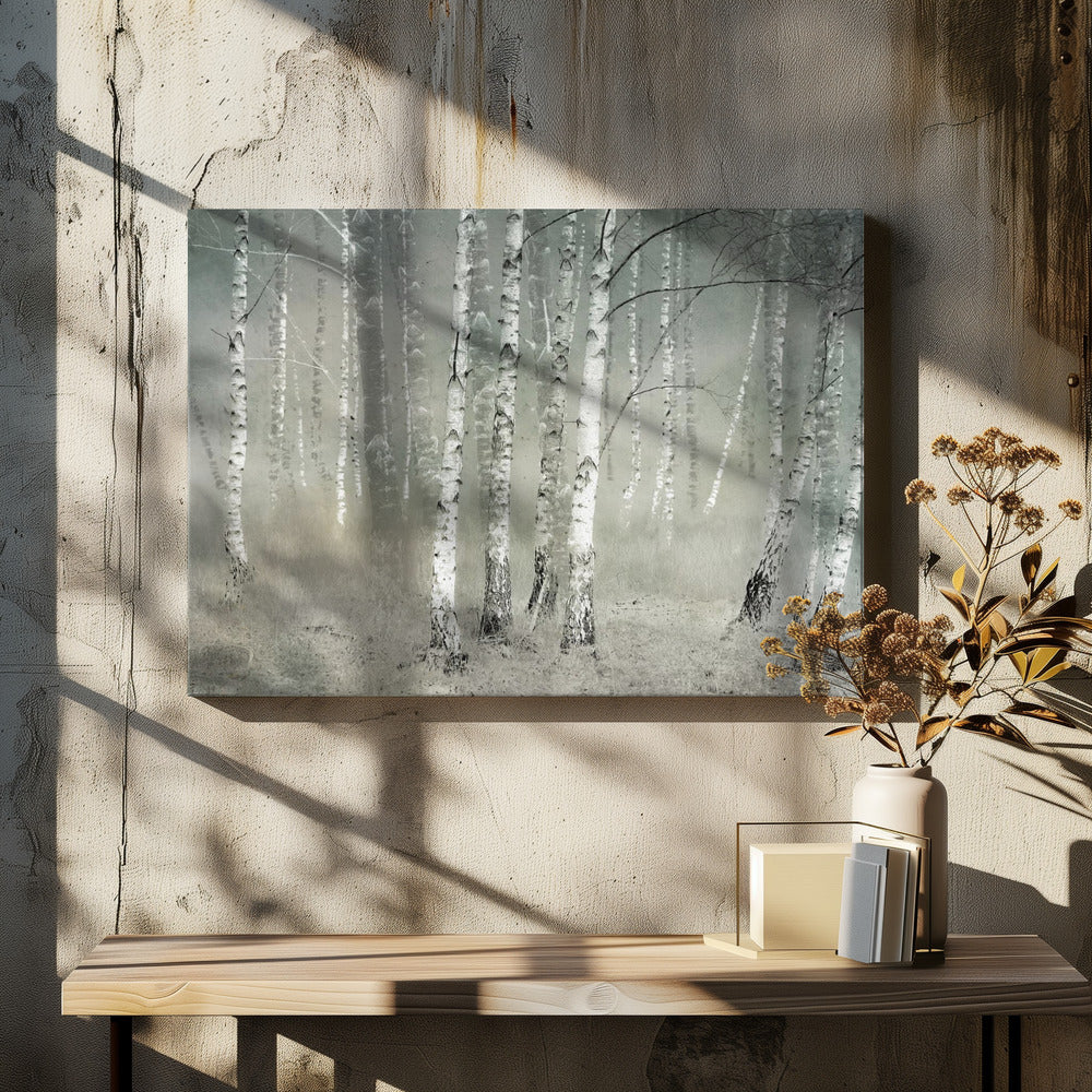 A framed photograph of a dense birch forest shrouded in thick, grey fog. The white and black patterned bark of the numerous birch trees stands out against the muted, ethereal background, creating a serene and moody atmosphere. Poster