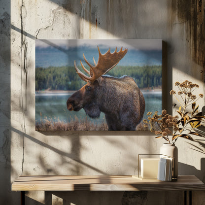 A close-up, side profile photograph of a majestic bull moose with large, impressive antlers, standing by the edge of a calm lake with a misty, pine-covered mountain range in the background, all enclosed in a silver frame. Decor