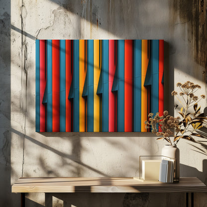 A close-up abstract photograph of a colorful modern building facade, featuring a repeating pattern of vertical fins in vibrant red, teal blue, and yellow-orange, creating a dynamic interplay of light, shadow, and geometric lines, all enclosed in a silver frame. Artwork