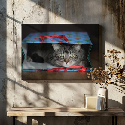 A close-up photograph of a grey tabby cat with bright green eyes peeking out from inside a blue holiday gift bag with a red ribbon in the foreground, all enclosed in a silver frame. Print