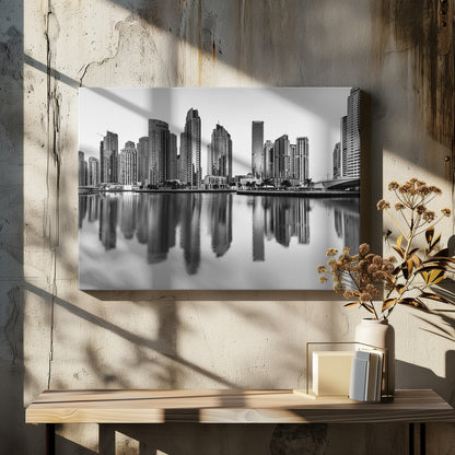 A framed black and white photograph of the Dubai Marina skyline, with its modern skyscrapers perfectly reflected in the calm water of the canal. Decor