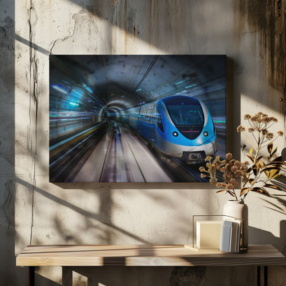 A modern blue and silver high-speed train travels through a curved, brightly lit subway tunnel, with motion blur conveying a sense of rapid movement, enclosed within a silver frame. Poster