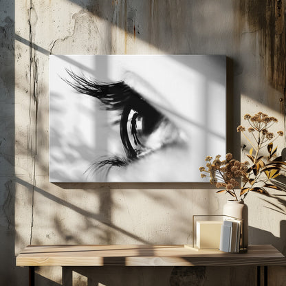 A dramatic black and white macro photograph of a human eye in profile, with a surreal reflection of a person's silhouette visible in the pupil. Print