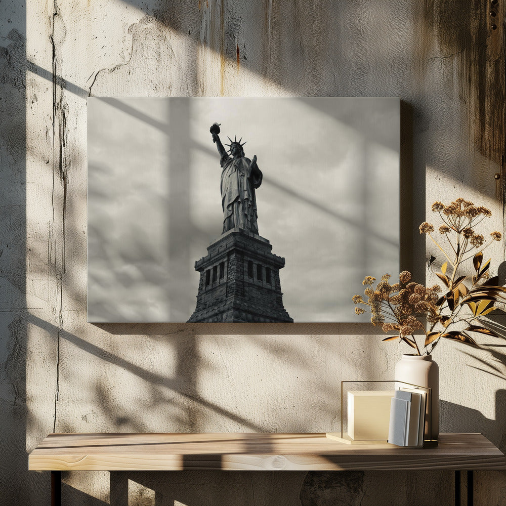 A low-angle, black and white photograph of the Statue of Liberty standing tall against a cloudy, dramatic sky, enclosed in a silver frame. Poster