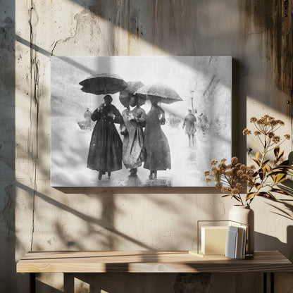 A vintage black and white photograph in a silver frame, depicting three people in long dark coats walking together under umbrellas during a heavy snow or rain storm on a city street. The image has a grainy, textured quality, giving it an old-fashioned, artistic feel. Poster