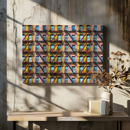 A pop-art style repeating pattern of a colorful apartment building facade featuring pink and yellow walls, windows reflecting a blue sky, and a network of black and red fire escapes, enclosed in a silver frame. Artwork