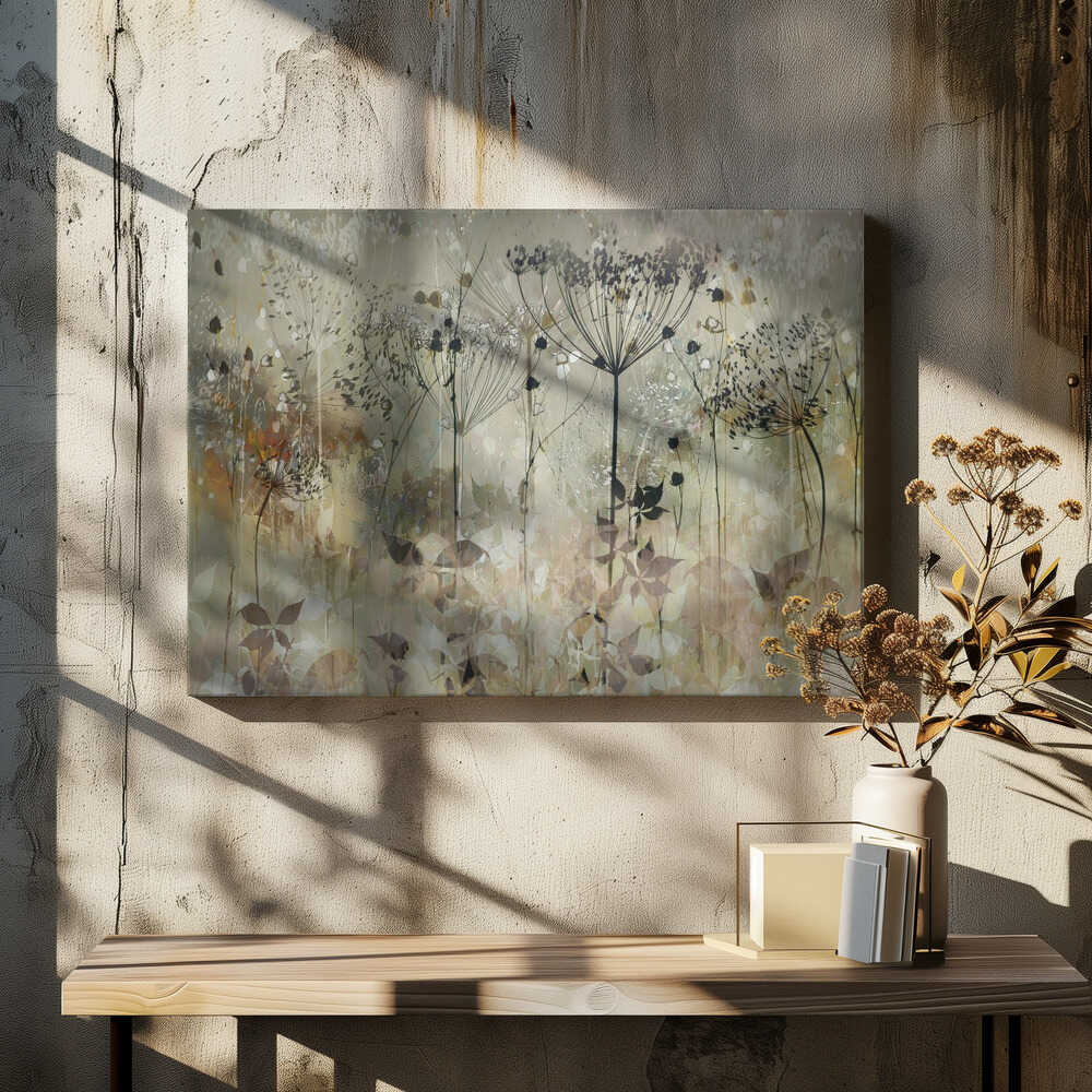 An abstract botanical artwork featuring the delicate black silhouettes of wildflowers, like Queen Anne's lace, against a muted, textured background of beige, sage green, and earthy brown. The composition has a dreamy, layered effect and is displayed in a silver frame. Print