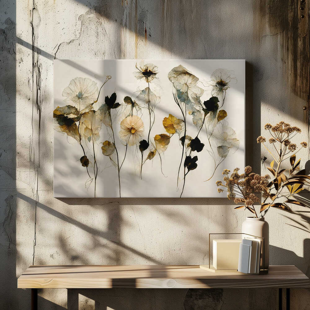 A framed artwork depicting a collection of delicate, translucent flowers against a pale, neutral background. The flowers, rendered in a watercolor style, are in shades of white, muted yellow, and deep black, with thin, wispy stems. The entire piece is enclosed in a simple silver frame. Artwork