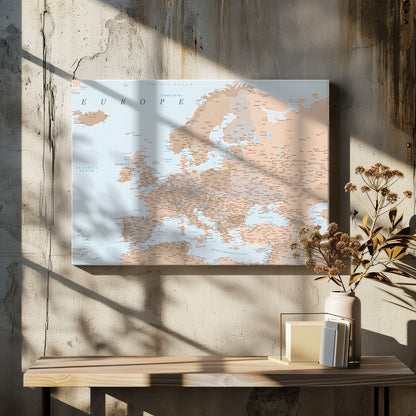 A detailed political map of Europe with countries and cities labeled, presented in a muted color palette of beige and brown for land and light blue for water, all within a light gray frame. Decor