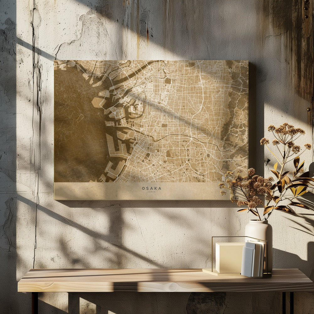 A framed, stylized map of Osaka, Japan, presented in monochrome brown and beige tones. The city's streets and coastline are intricately detailed in thin white lines against a textured brown background for the water and a lighter beige for the land, all enclosed within a sleek silver frame. Poster