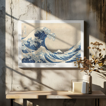 A framed print of Katsushika Hokusai's famous woodblock artwork, 'The Great Wave off Kanagawa,' featuring a giant, turbulent blue wave with white foam cresting over small boats, with Mount Fuji visible in the background under a muted sky. Wall Art