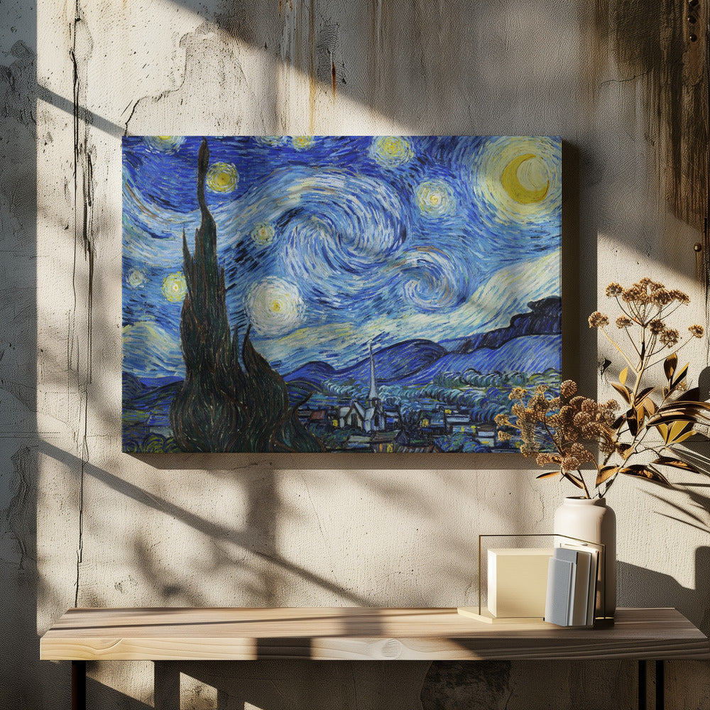Vincent van Gogh's famous post-impressionist painting, 'The Starry Night,' in a simple silver frame. The artwork features a dramatic, swirling night sky in deep blues and yellows, with a glowing crescent moon and radiant stars over a peaceful village and a large, dark cypress tree in the foreground. Artwork