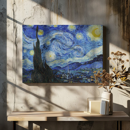 Vincent van Gogh's famous post-impressionist painting, 'The Starry Night,' in a simple silver frame. The artwork features a dramatic, swirling night sky in deep blues and yellows, with a glowing crescent moon and radiant stars over a peaceful village and a large, dark cypress tree in the foreground. Artwork