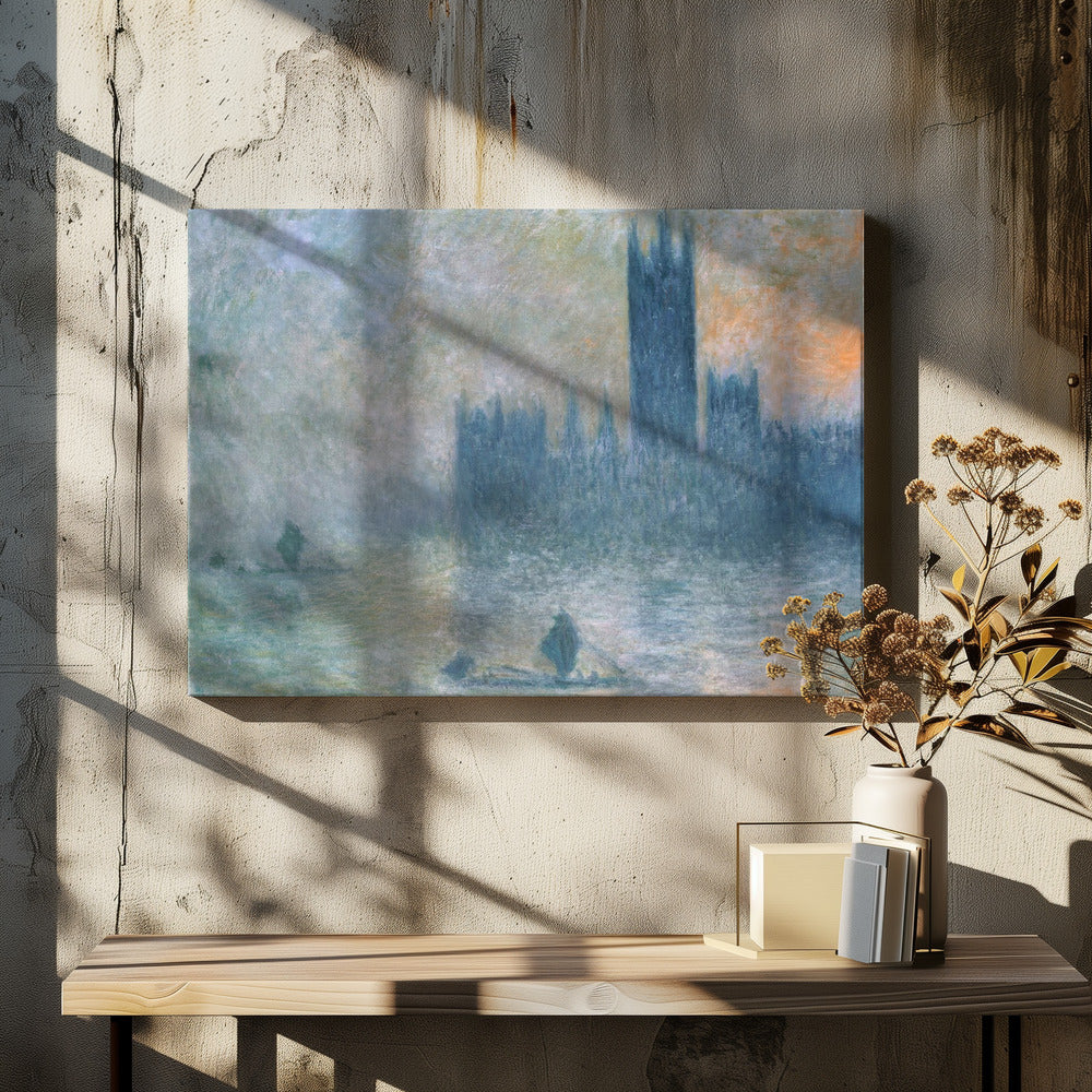 An Impressionist painting in a silver frame depicting the silhouette of the Houses of Parliament in London through a thick blue and grey fog, with the faint orange glow of a sun in the sky and small boats on the River Thames. Wall Art