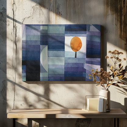 A framed abstract watercolor painting by Paul Klee, featuring a geometric background of horizontal stripes in various shades of blue and purple. A single stylized tree with a vibrant orange, circular top is set against a white background, creating a stark contrast. Poster