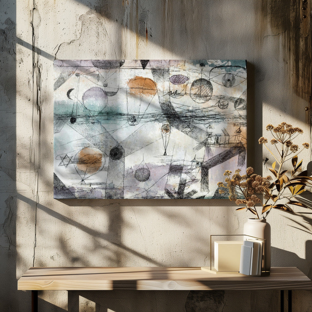 An abstract painting by Paul Klee featuring a complex composition of fine black lines, geometric shapes, and whimsical figures like balloons and boats. The background has subtle watercolor washes of pale orange, blue, and purple, creating a dreamlike and intricate scene within a silver frame. Artwork