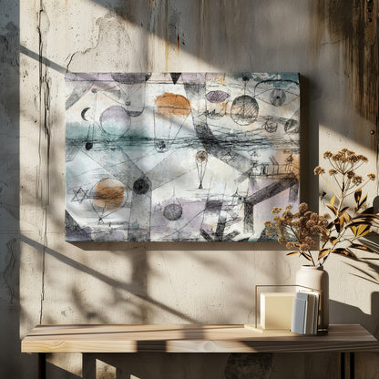 An abstract painting by Paul Klee featuring a complex composition of fine black lines, geometric shapes, and whimsical figures like balloons and boats. The background has subtle watercolor washes of pale orange, blue, and purple, creating a dreamlike and intricate scene within a silver frame. Artwork