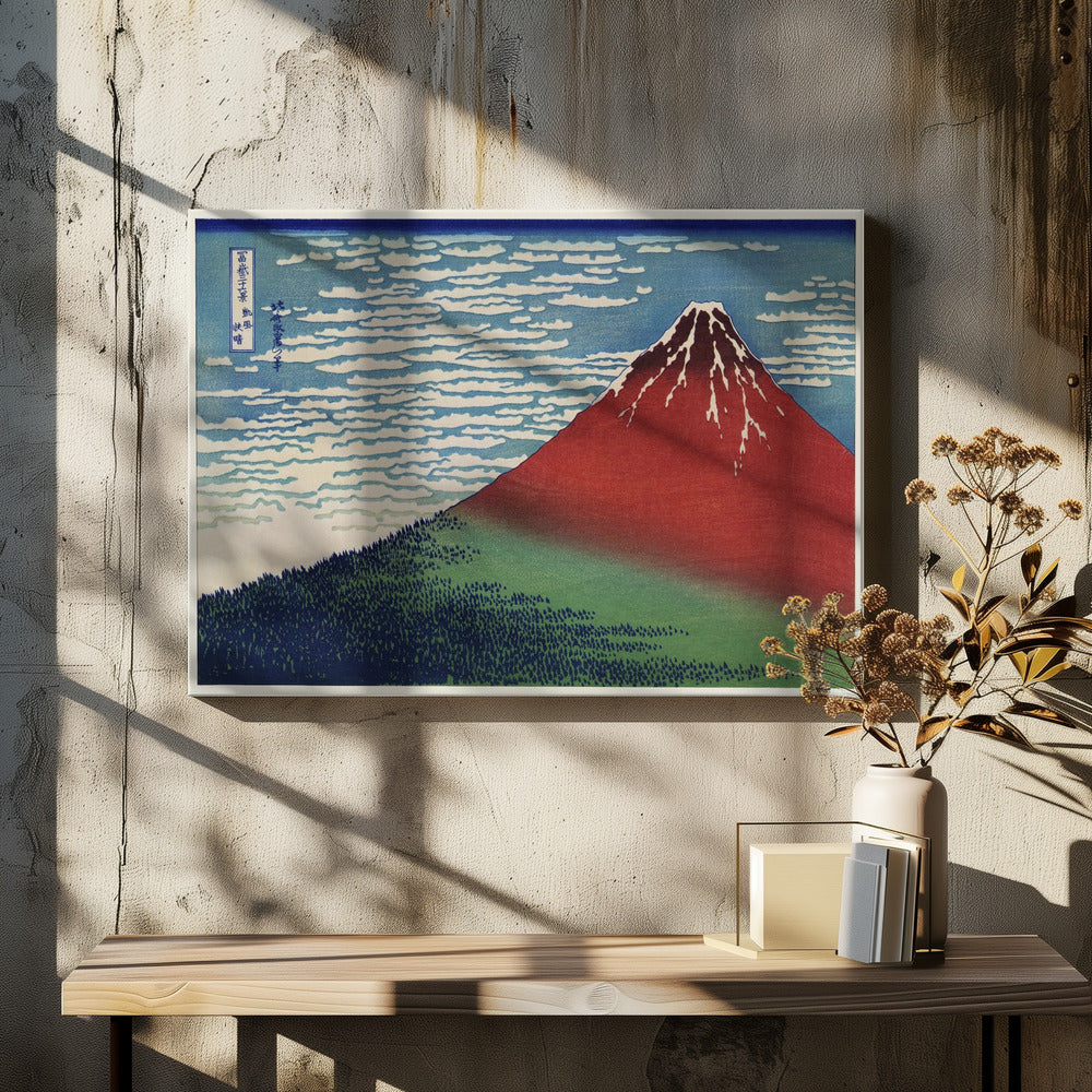 A Japanese woodblock print, Hokusai's 'Fine Wind, Clear Morning', showing a large, reddish-brown Mount Fuji with snow at its peak. Below the mountain is a dense green forest, and above is a blue sky with rows of white, stylized clouds. Print