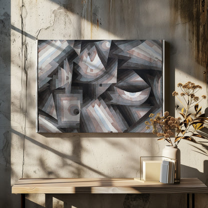 An abstract painting by Paul Klee, presented in a silver frame. The artwork features a dense composition of overlapping geometric shapes, including triangles, squares, and crescent forms. The color palette is muted, consisting primarily of shades of gray, black, and brown, with accents of pale blue and white. The shapes are filled with concentric bands of graduated color, creating a sense of depth and complex layering. Wall Art