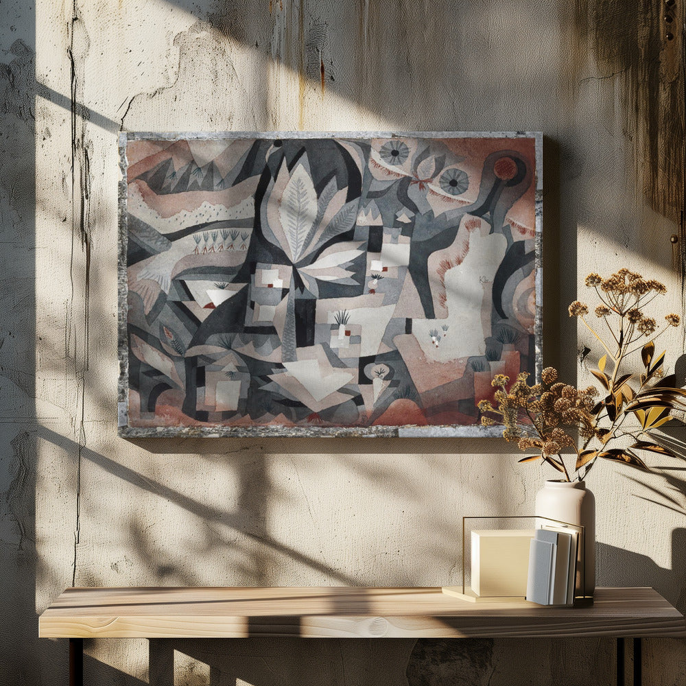 An abstract watercolor painting by Paul Klee featuring a complex composition of overlapping geometric and organic shapes in a muted palette of gray, black, and reddish-brown. The artwork deconstructs a natural scene, showing stylized plants, leaves, and landscape elements, with two prominent eye-like shapes in the upper right. The painting is displayed in a textured silver frame. Artwork